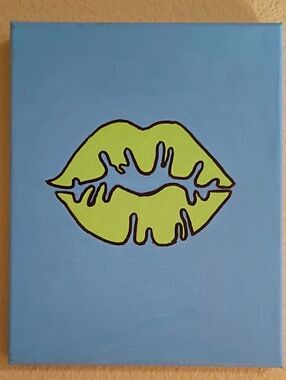 Handpainted Neon Lips Acrylic Canvas Wall Art Blue Pop Art 8x10 Painting DIY